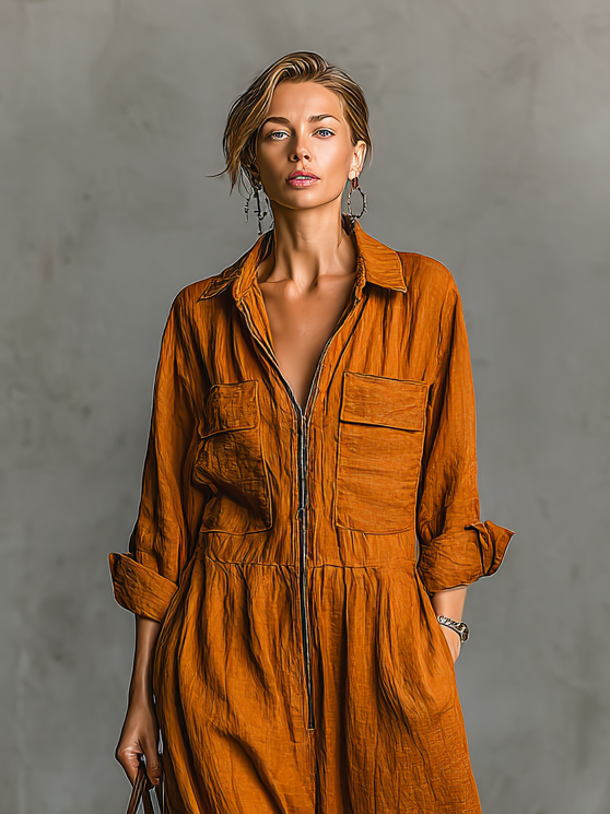 Women's Casual Loose Cotton And Linen Blend Zipper Lapel Long Sleeve Maxi Dress MDA1992H5Y