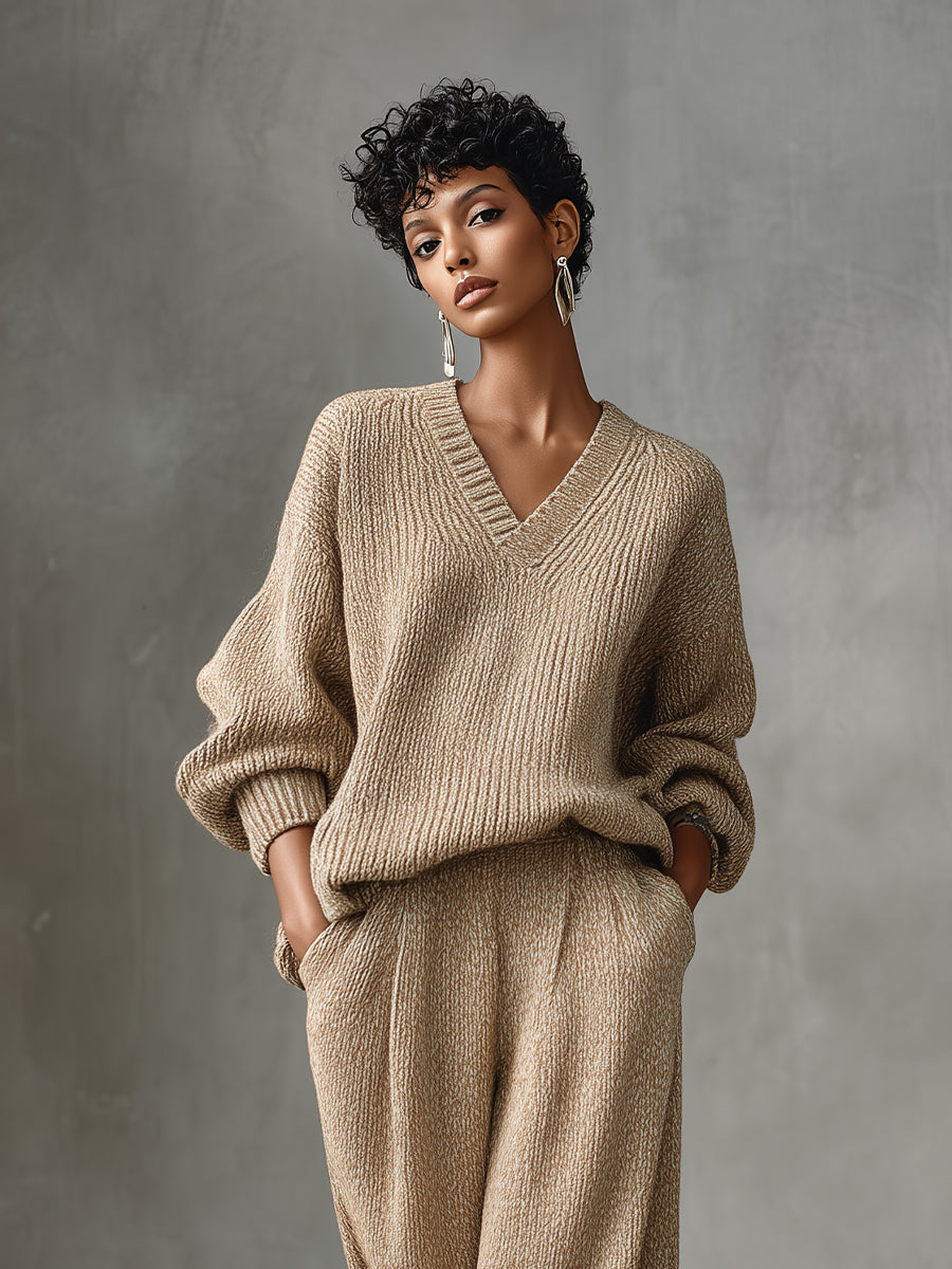 Women's Beige Elegant Knit V - Neck Sweater & Wide - Leg Pants Set MDA1485H8I