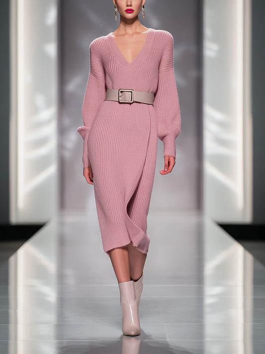 Women's Pink Elegant Rib - Knit Belted Midi Dress MDA0843H7I