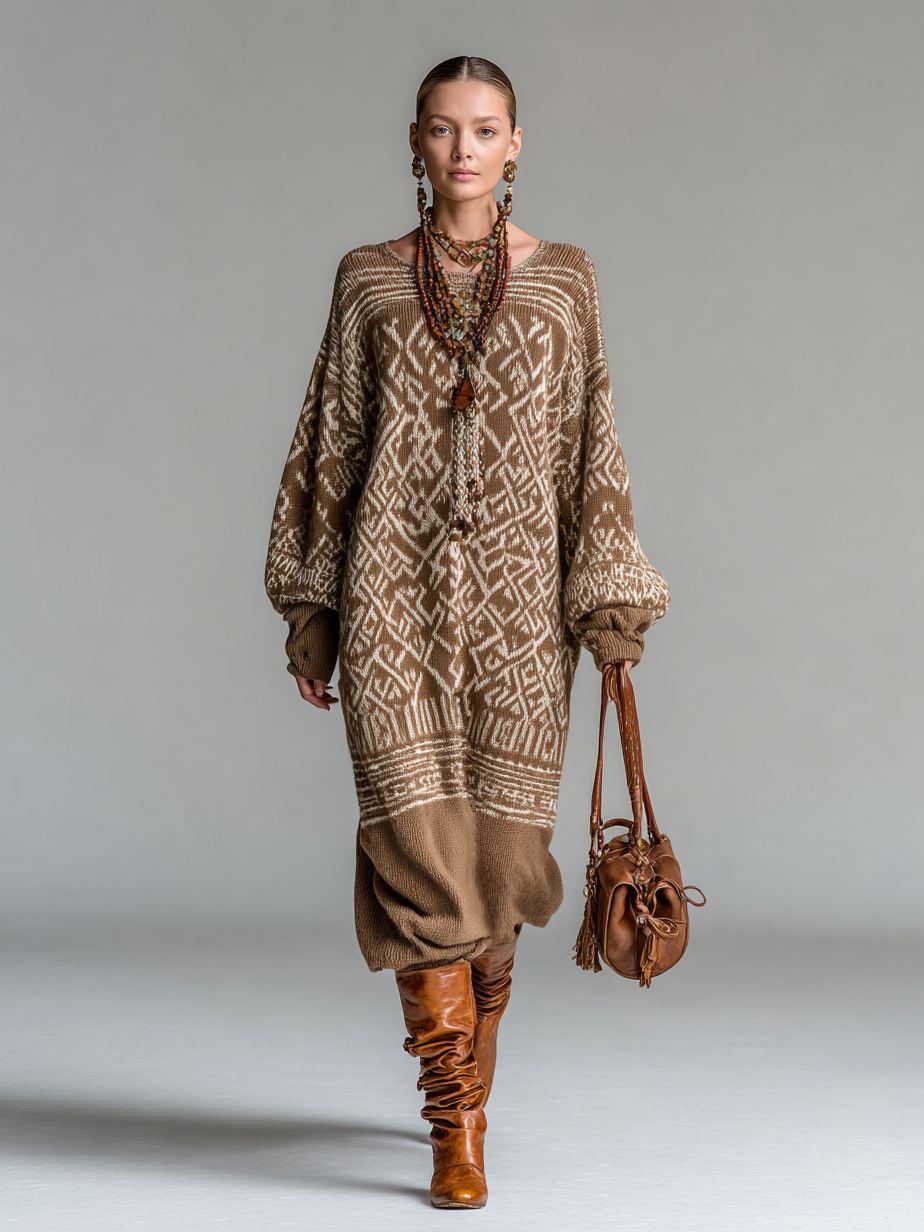 Women's Retro Pattern Jacquard Knit Round Neck Loose Maxi Dress MDA1208H2Y