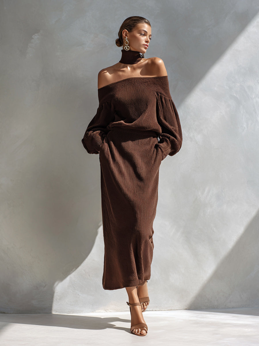 Women's Brown Elegant Rib - Knit Off - Shoulder Skirt Set MDA1550H8I