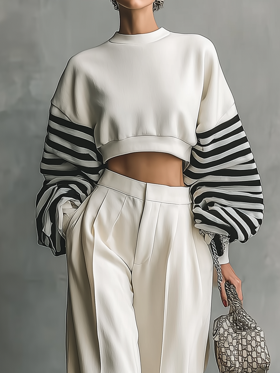 Women's White Knitted Top And Wide-leg Pants Set MDA1505H9T
