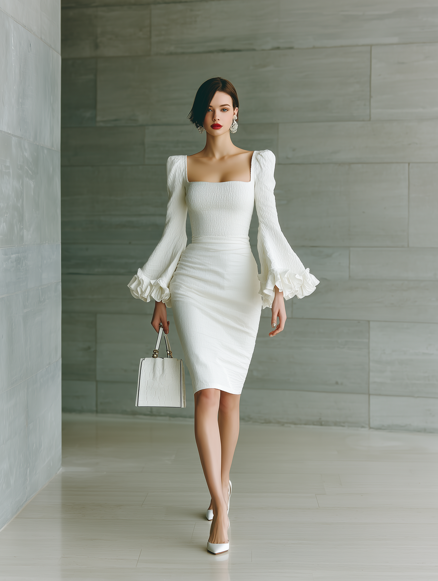 Women's White Blended Ruffled Long Sleeve Top And Midi Skirt Set MDA1612H2T