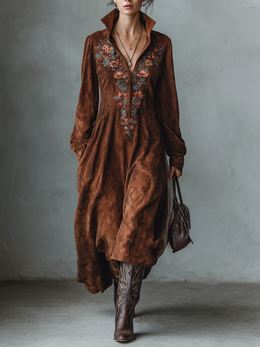 Women's Vintage Suede Long Sleeve Embroidered Neck Midi Dress MDA1978H1Y