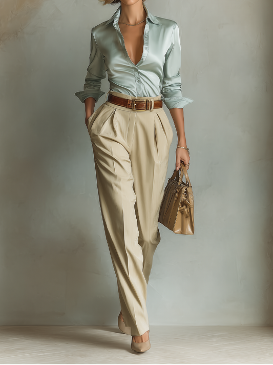 Women's Blue Satin Shirt And Beige Trousers Set MDA1459H9T