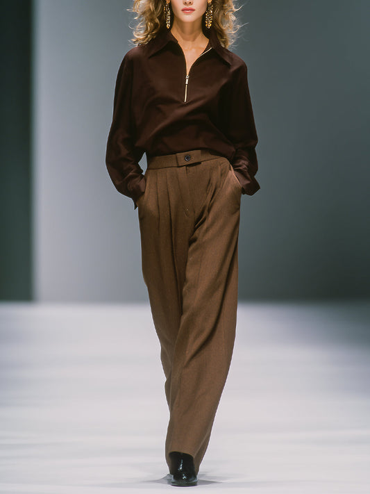 Women's Brown Chic  Blend Pleated Trouser Suit Two-piece Set MDA0802H7I