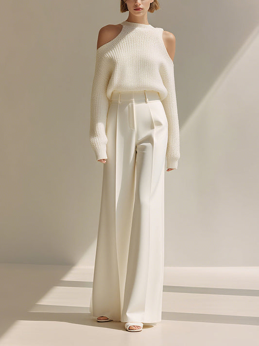 Women's White Elegant Knit Cold - Shoulder Sweater & Wide - Leg Pants Set MDA1957H7I