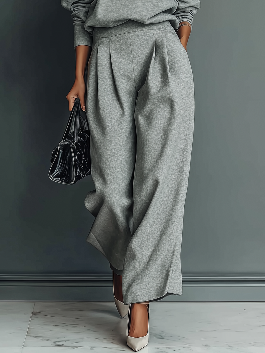 Women's Grey Blended Sweatshirt Wide-Leg Pants Set MDA1603H6T