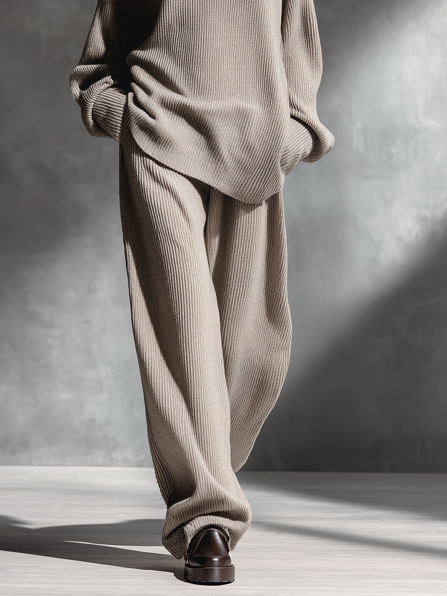 Women's Beige Elegant Rib - Knit V - Neck Sweater & Wide - Leg Pants Set MDA1516H0I