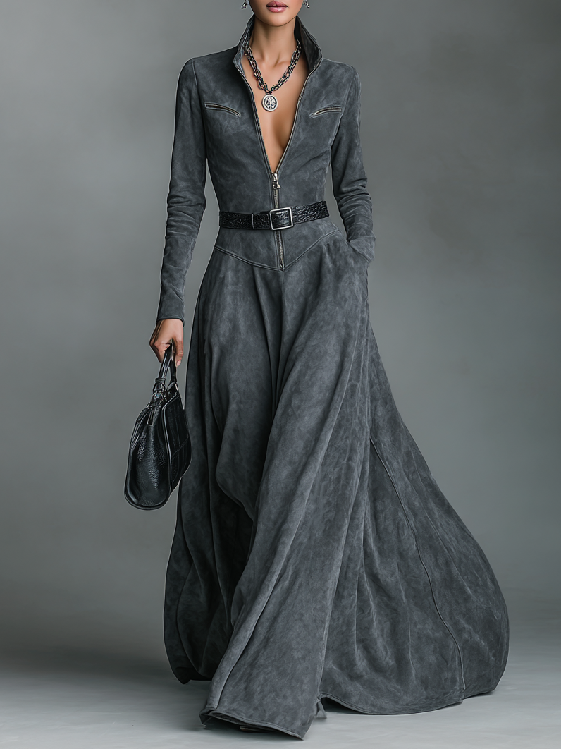 Women's Solid Color Environmentally Friendly Suede Zippered Stand Collar And Floor Maxi Dress (without Belt)MDA0188H9Y