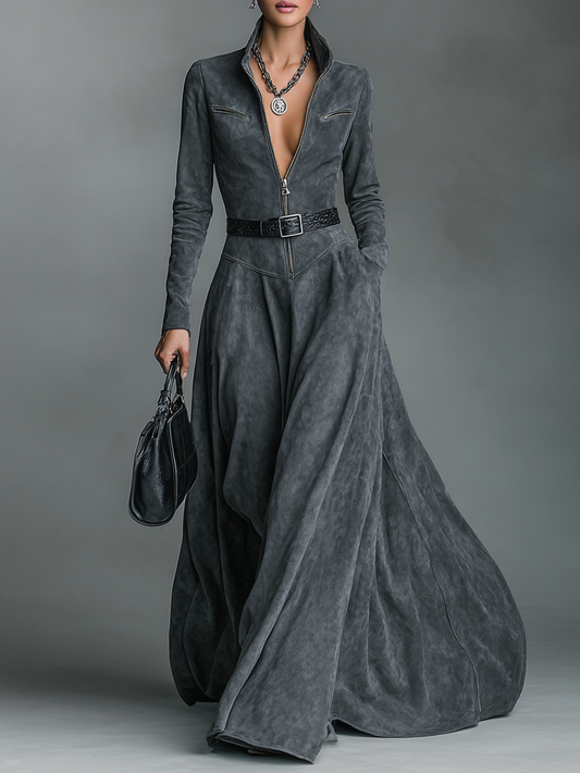 Women's Solid Color Environmentally Friendly Suede Zippered Stand Collar And Floor Maxi Dress (without Belt)MDA0188H9Y