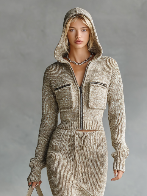 Women's Fashion Slim Fit Knitted Hooded Cardigan Skirt Set MDA1909H2Y
