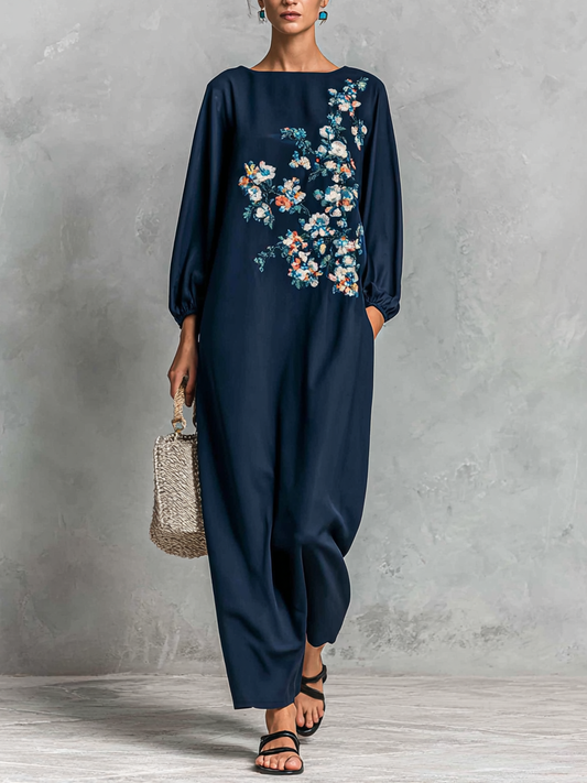 Women's Cotton And Linen Blend Floral Embroidery Maxi Dress MDA1430H9Y