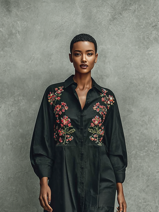 Women's Shoulder Embroidered Long-sleeved Shirt Maxi Dress MDA1496H9Y