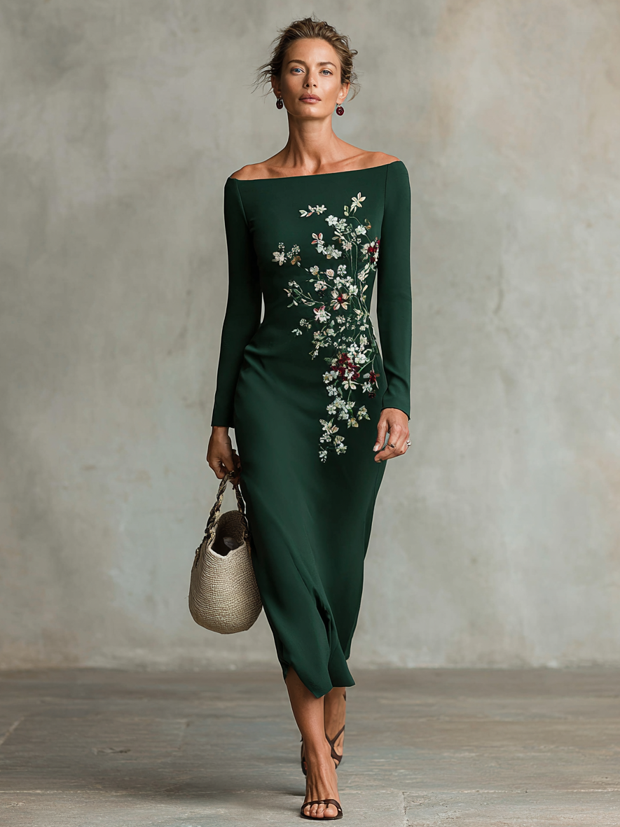 Women's Off-Shoulder Slim Fit Floral Embroidery Long Sleeve Maxi Dress MDA1522H6Y