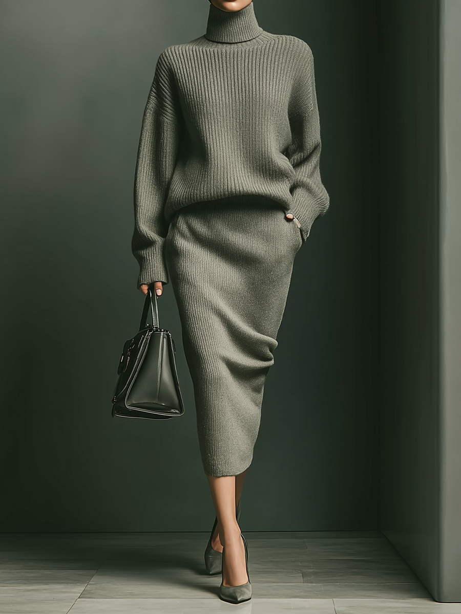 Women's Gray Loose-fitting Knitted Skirt Set MDA1582H9T
