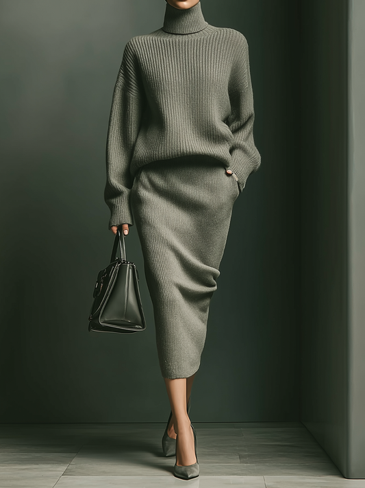 Women's Gray Loose-fitting Knitted Skirt Set MDA1582H9T