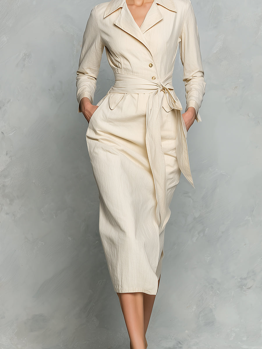 Women's Beige Elegant Cotton Blended Fabric Belted Trench Midi Dress MDA1927H6I