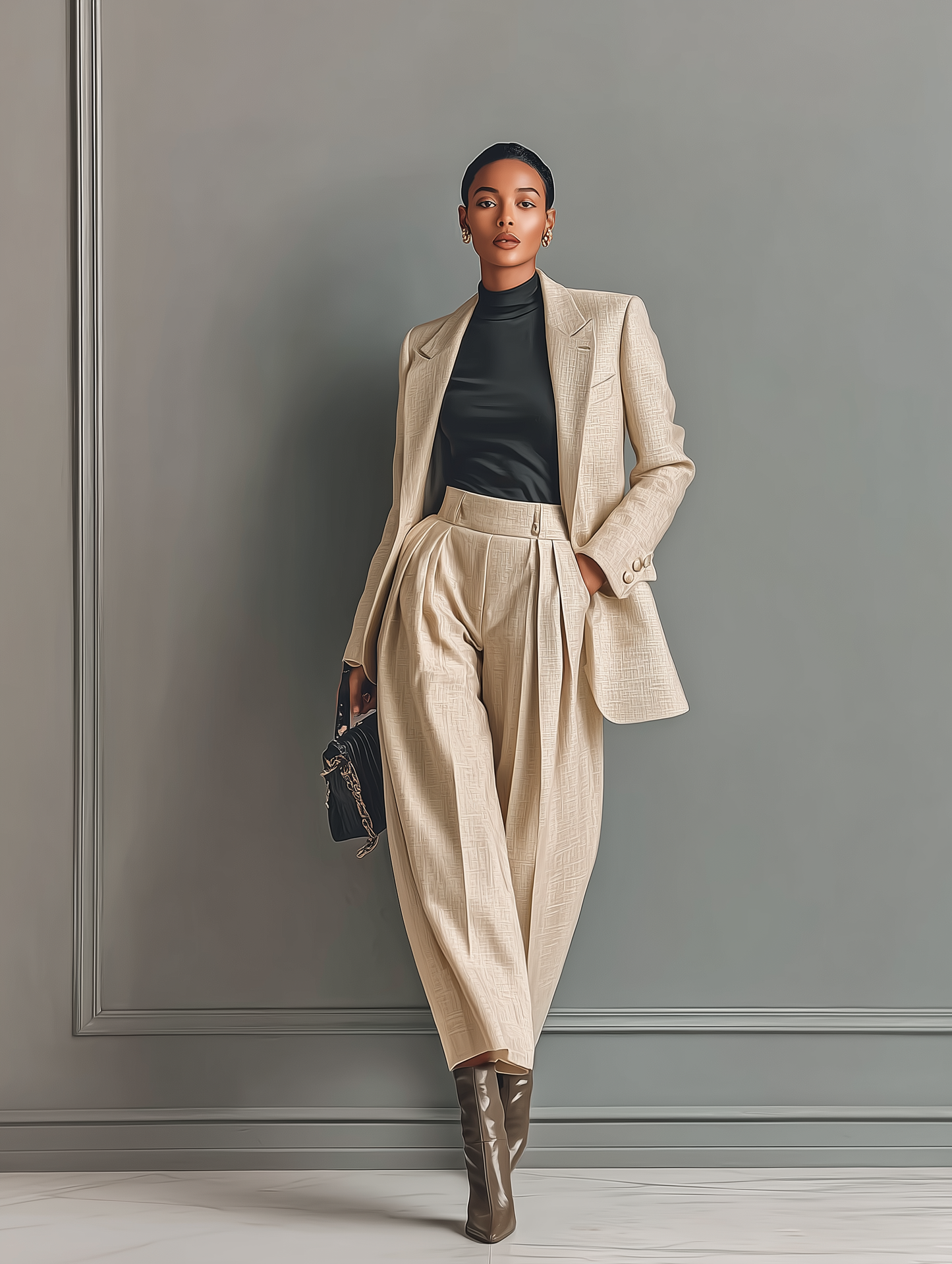 Women's Beige Blazer And Pants Set MDA1479H2T