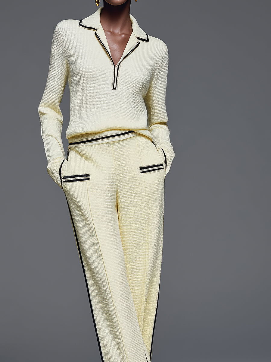 Women's Classy Knit Contrast - Trim Polo & Wide - Leg Pant Set MDA0416H8I