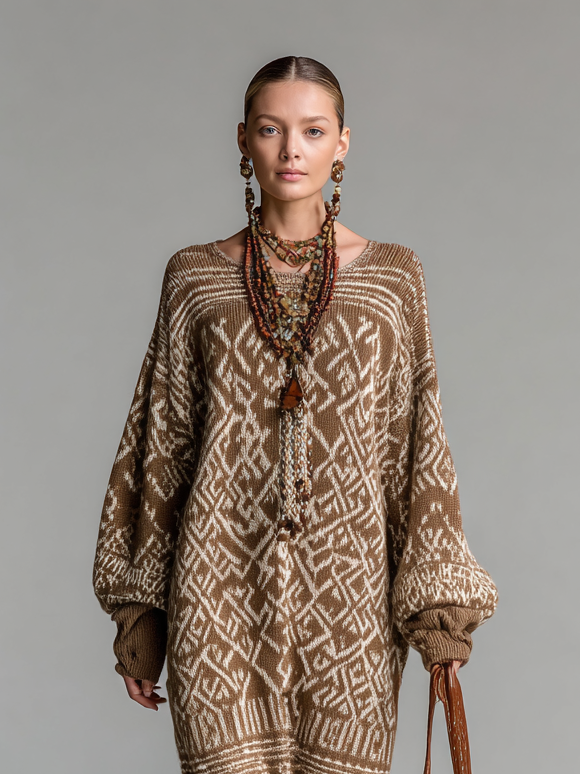 Women's Retro Pattern Jacquard Knit Round Neck Loose Maxi Dress MDA1208H2Y