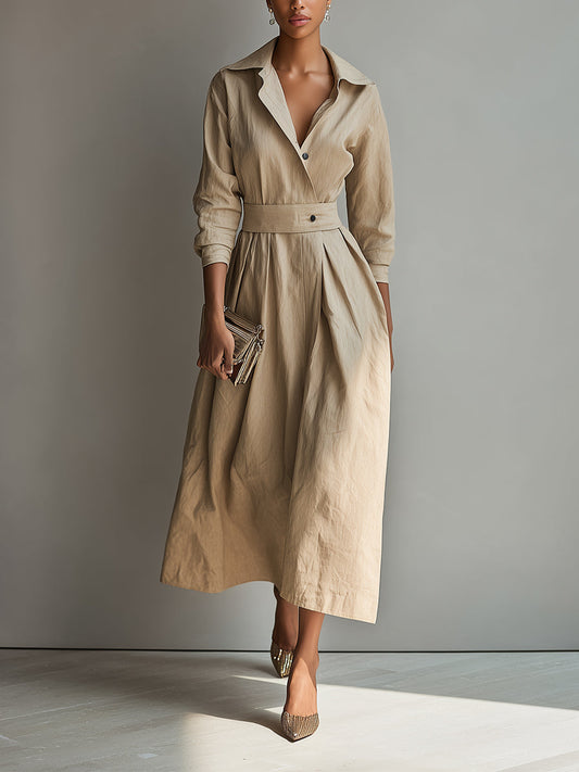 Women's Beige Elegant Linen Belted Wrap - Front Midi Dress MDA1115H3I