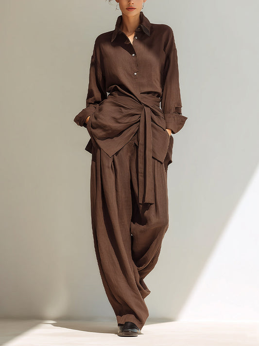 Women's Deep Brown Elegant Linen Wrap - Belted Shirt & Pants Set MDA0850H6I