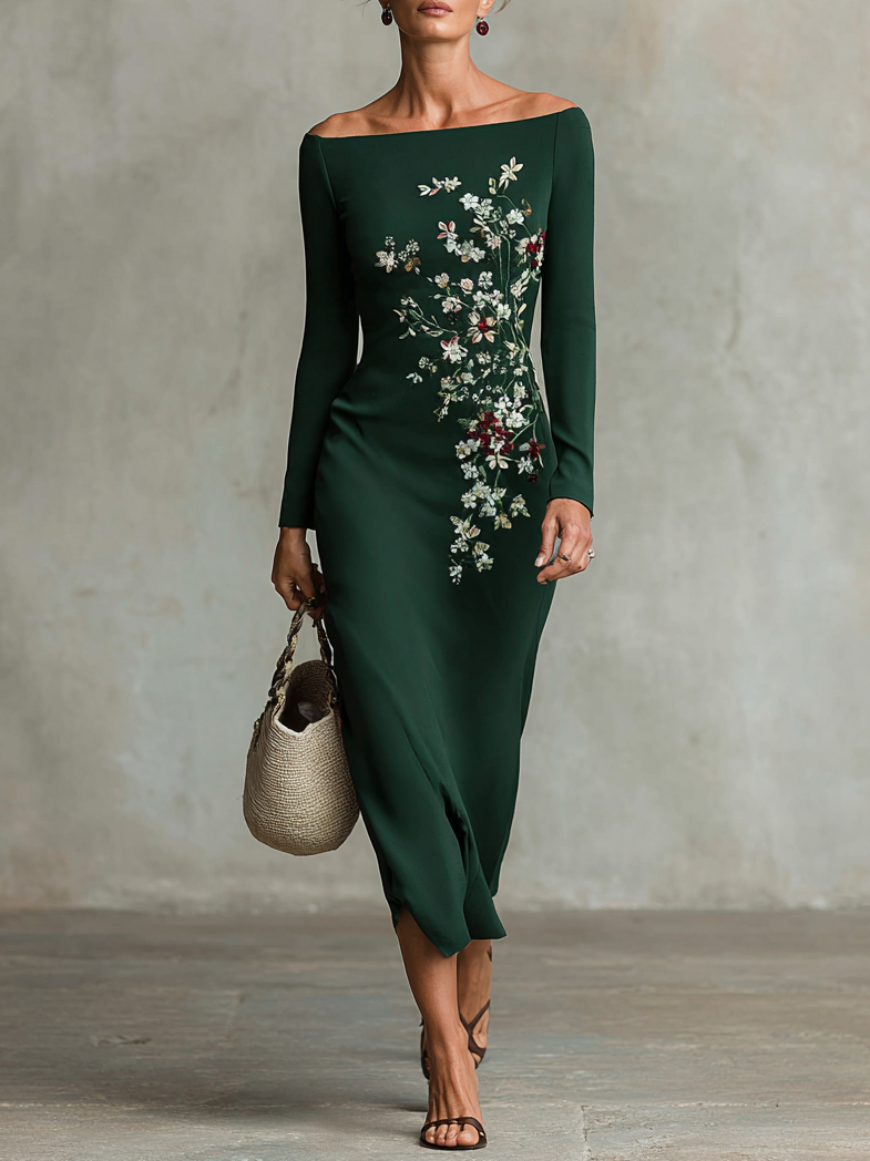 Women's Off-Shoulder Slim Fit Floral Embroidery Long Sleeve Maxi Dress MDA1522H6Y