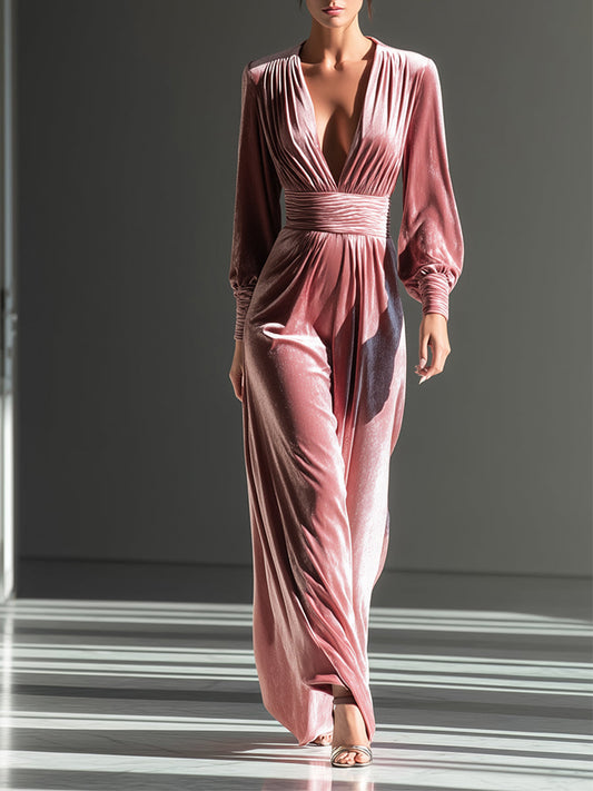 Women's Elegant Pink Velvet Plunge Neck Ruched Jumpsuit MDA0576H3I