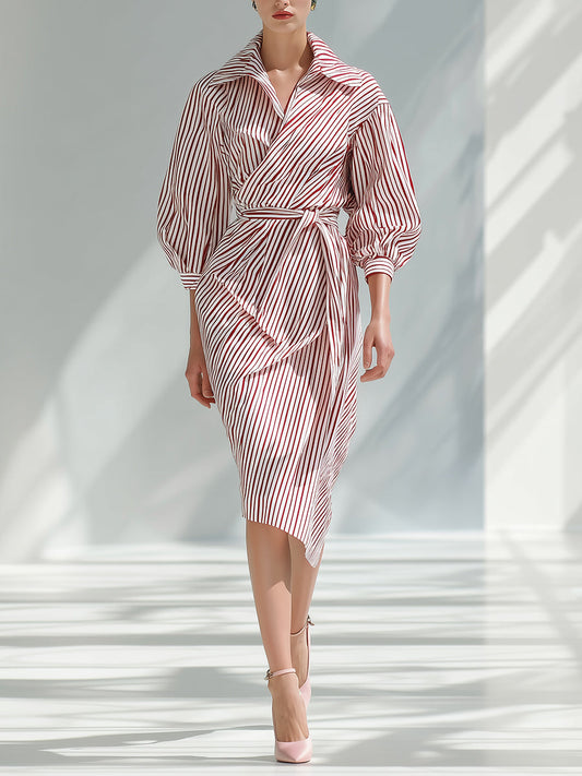 Women's Red - White Striped Elegant Cotton Wrap - Belted Midi Dress MDA0608H1I