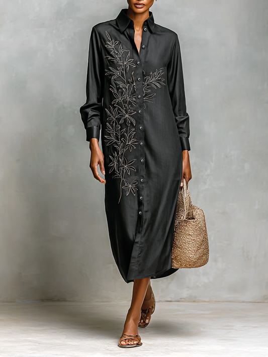 Women's Loose Leaf Embroidered Shirt Maxi Dress MDA1500H0Y