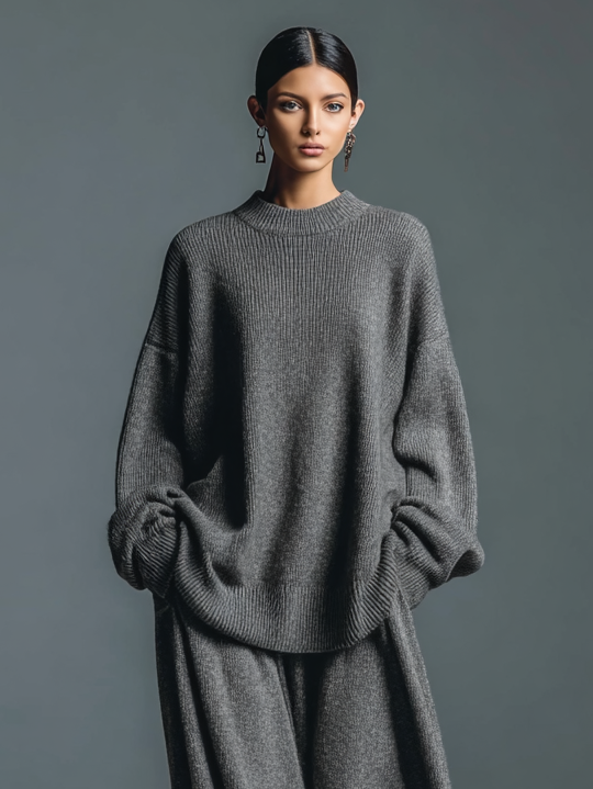 Women's Casual Loose Round Neck Sweater Knitted Wide Leg Pants Set MDA1693H8Y