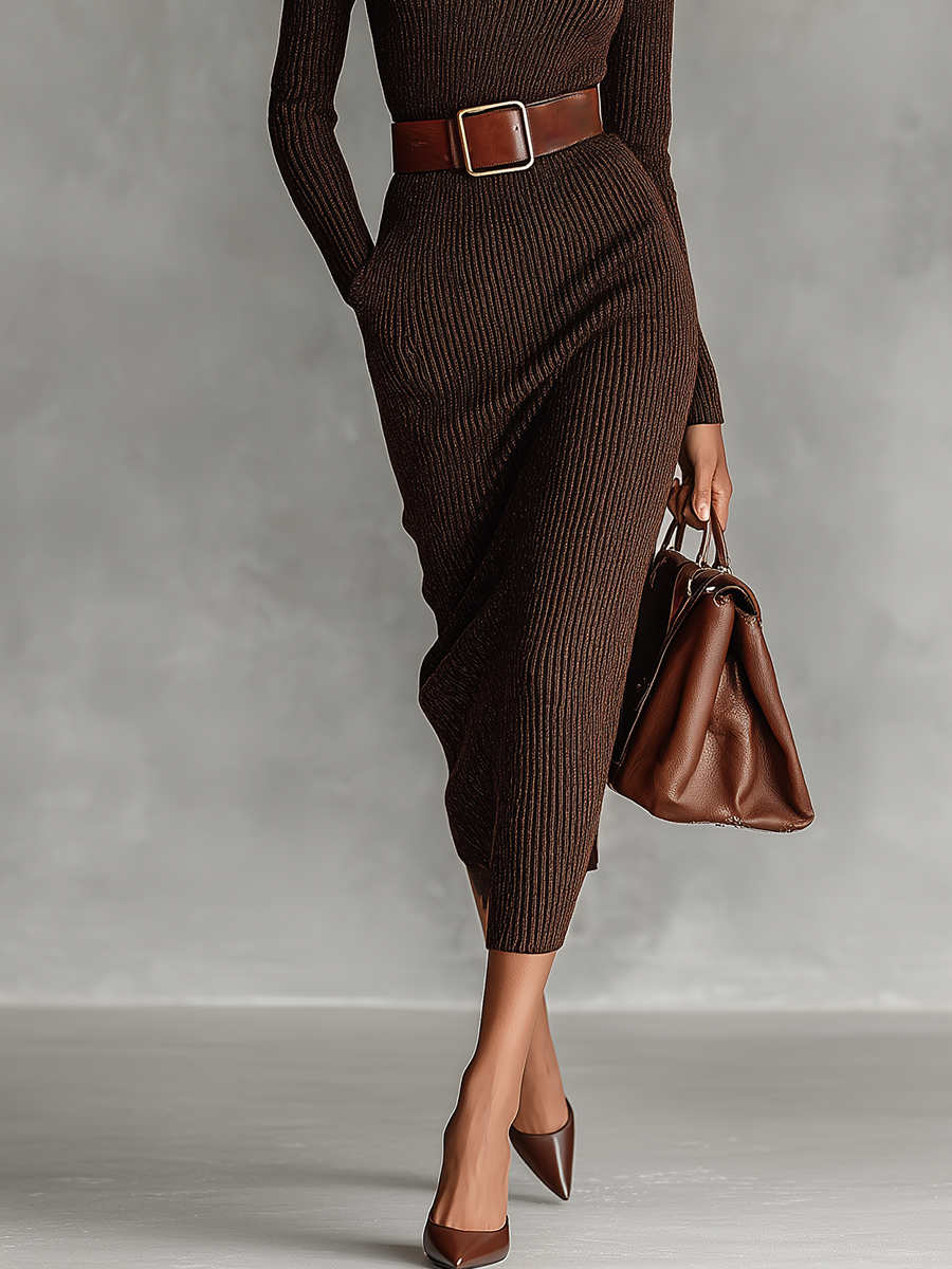 Women's Coffee-colored Knitted Long Dress MDA1680H6T