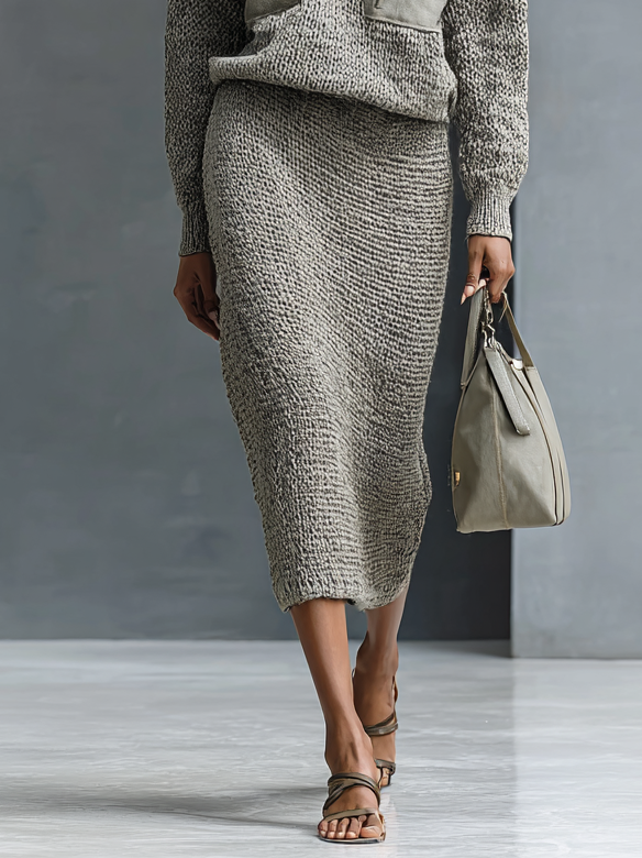 Women's Fashion Knitted Hooded Double Chest Pocket Sweater Skirt Set MDA1857H0Y
