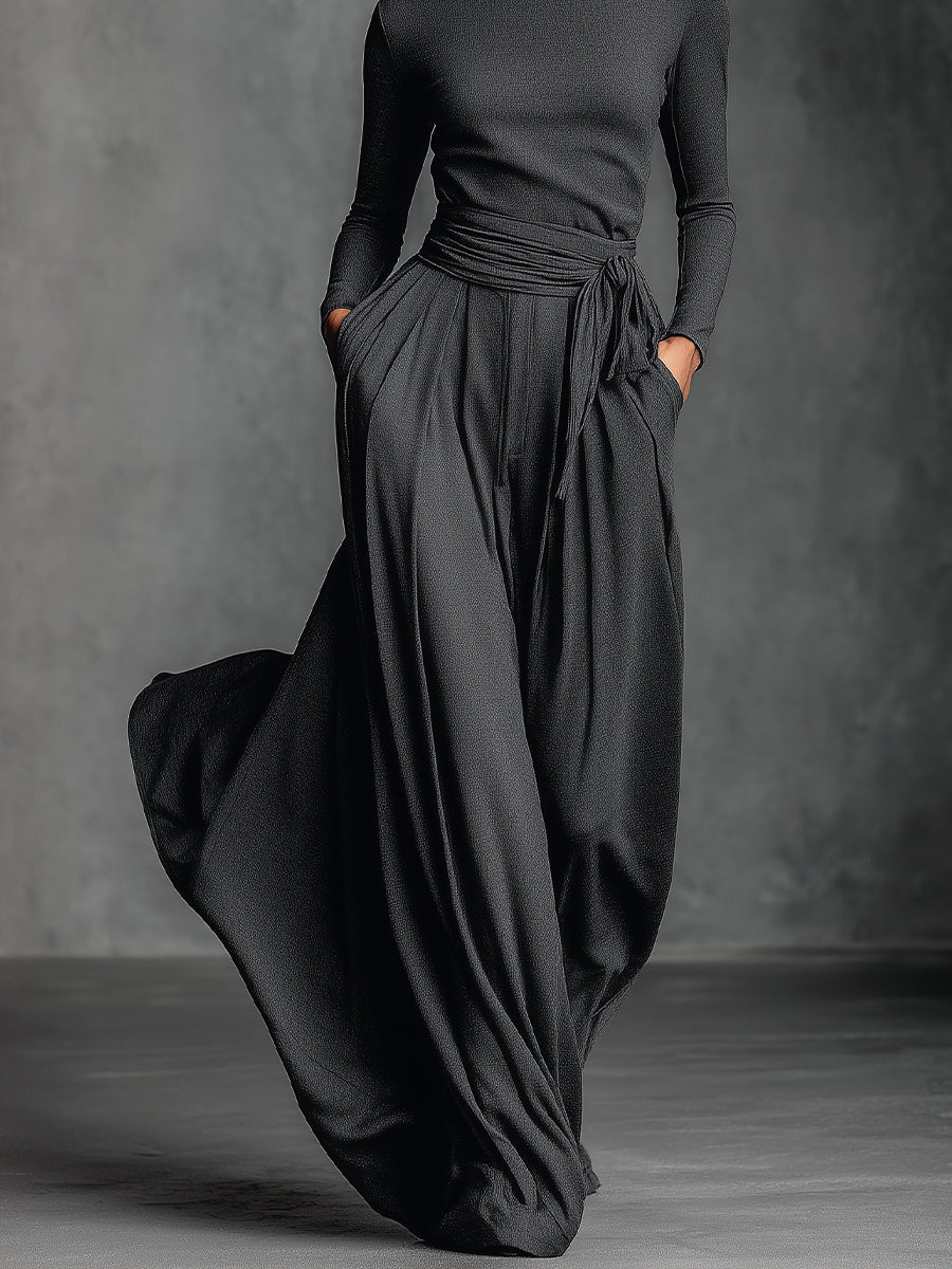 Women's Black Elegant Knit Belted Maxi Dress Two-piece Set MDA2092H3I