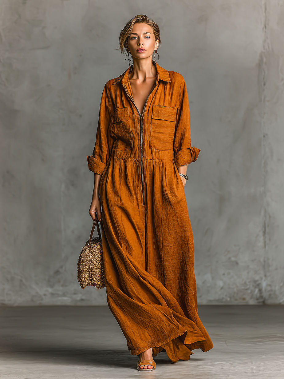 Women's Casual Loose Cotton And Linen Blend Zipper Lapel Long Sleeve Maxi Dress MDA1992H5Y