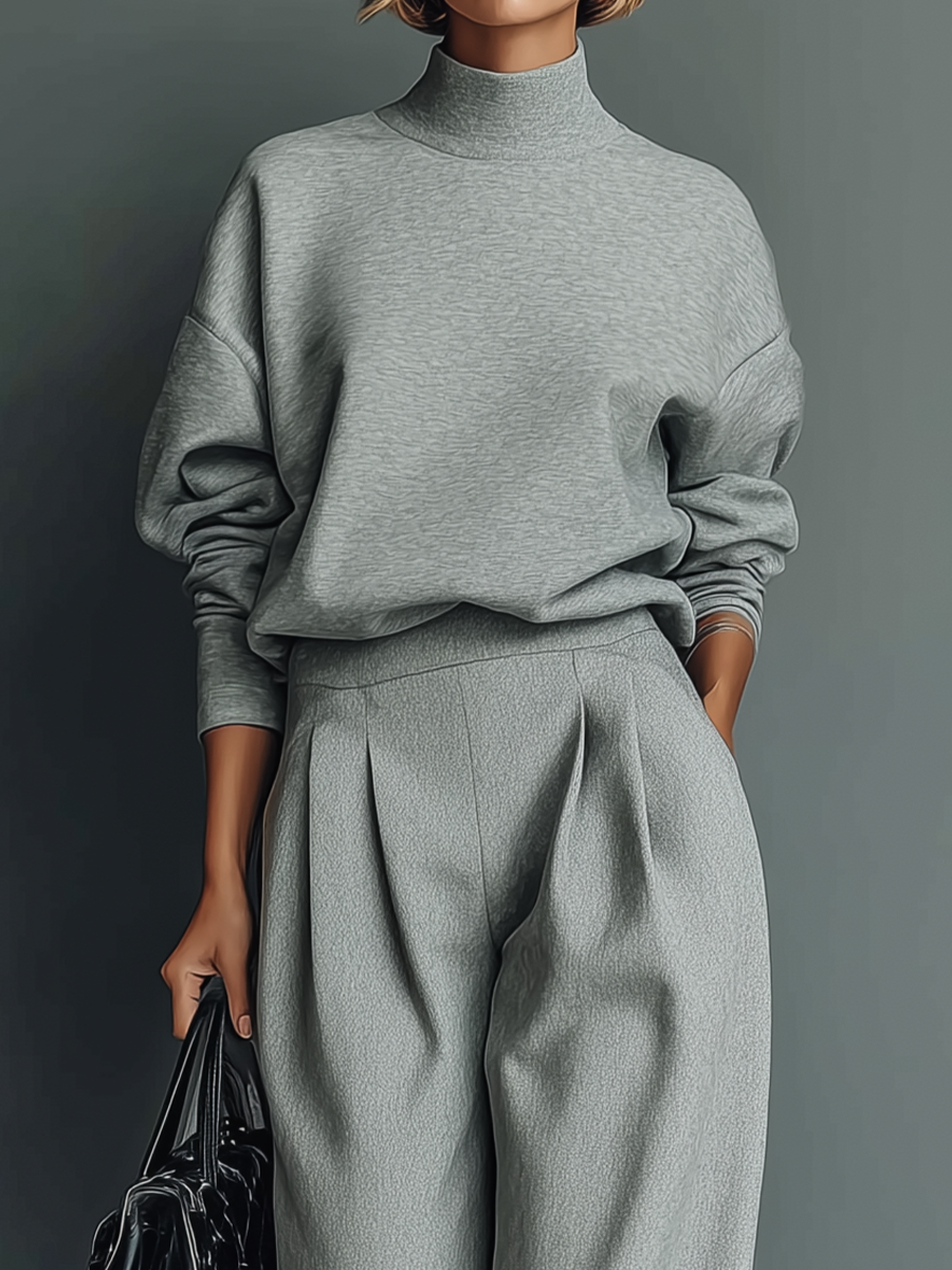 Women's Grey Blended Sweatshirt Wide-Leg Pants Set MDA1603H6T