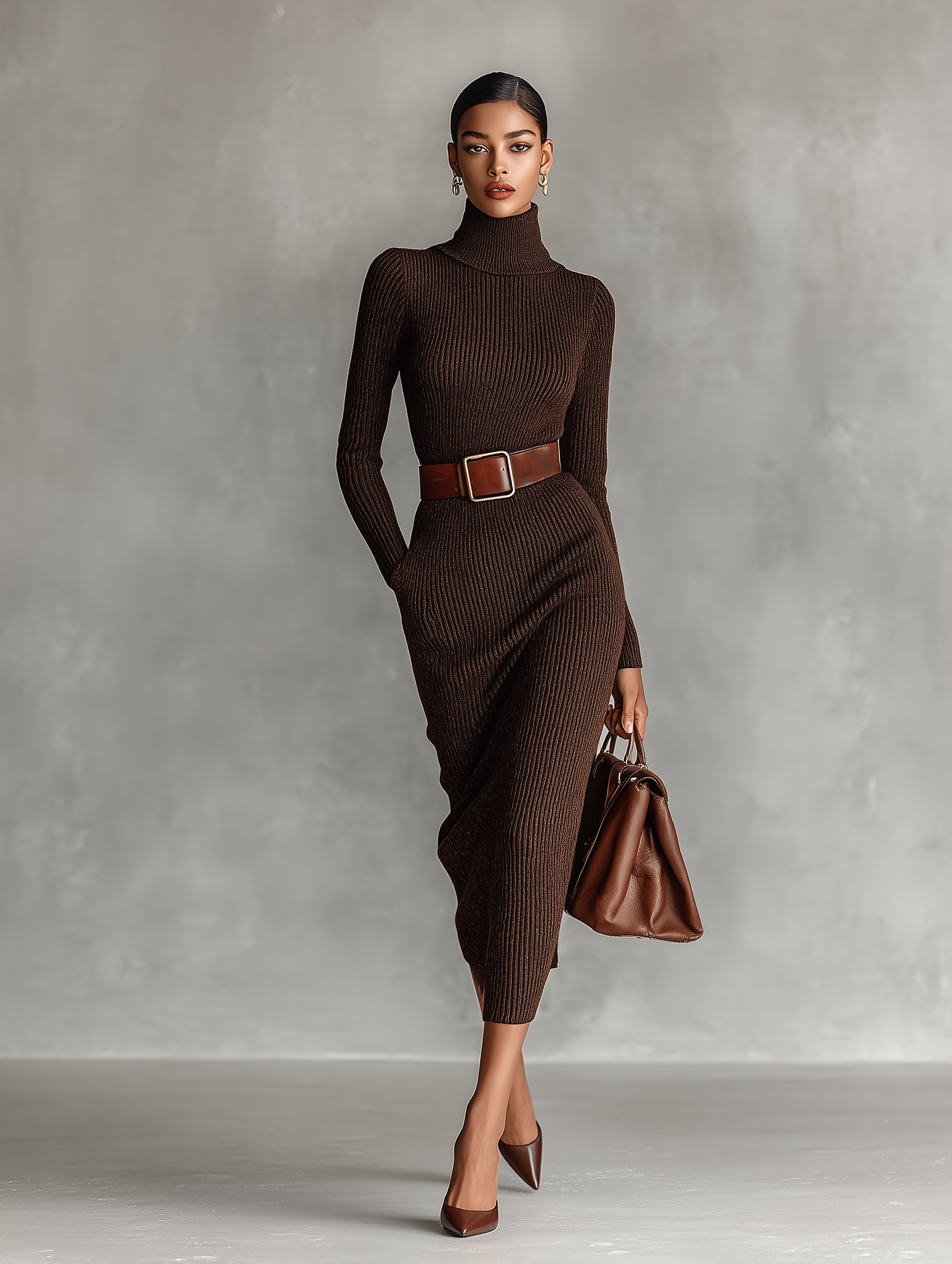 Women's Coffee-colored Knitted Long Dress MDA1680H6T