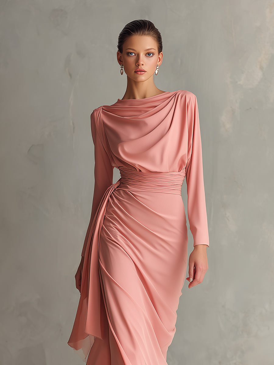 Women's Pink Glamorous Chiffon Draped Ruched Maxi Dress MDA2069H7I