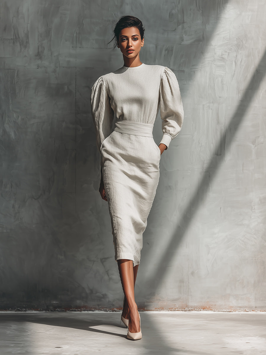 Women's Beige Elegant Linen Blended Puff - Sleeve Midi Dress MDA1860H7I