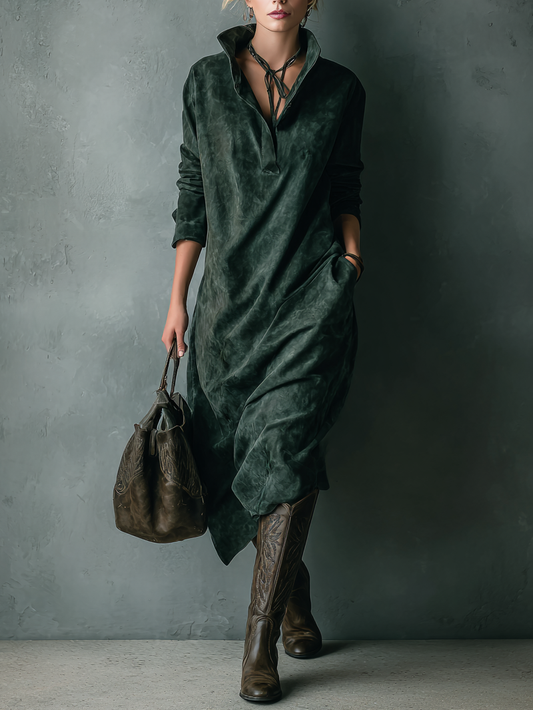 Women's Loose Suede Lapel Long Sleeve Midi Dress MDA1530H1Y