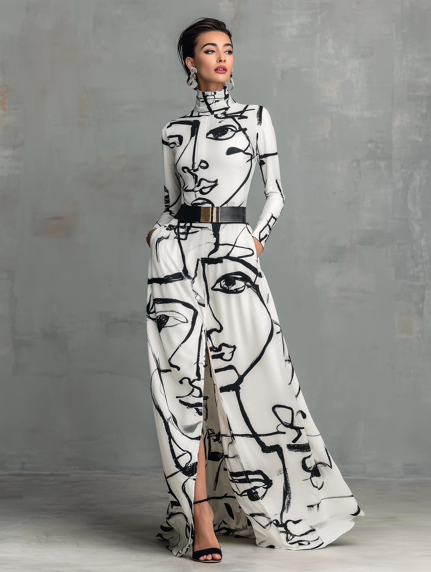 Women's Printed Belted Turtleneck Maxi Dress (Without Belt) MDA2441G2T