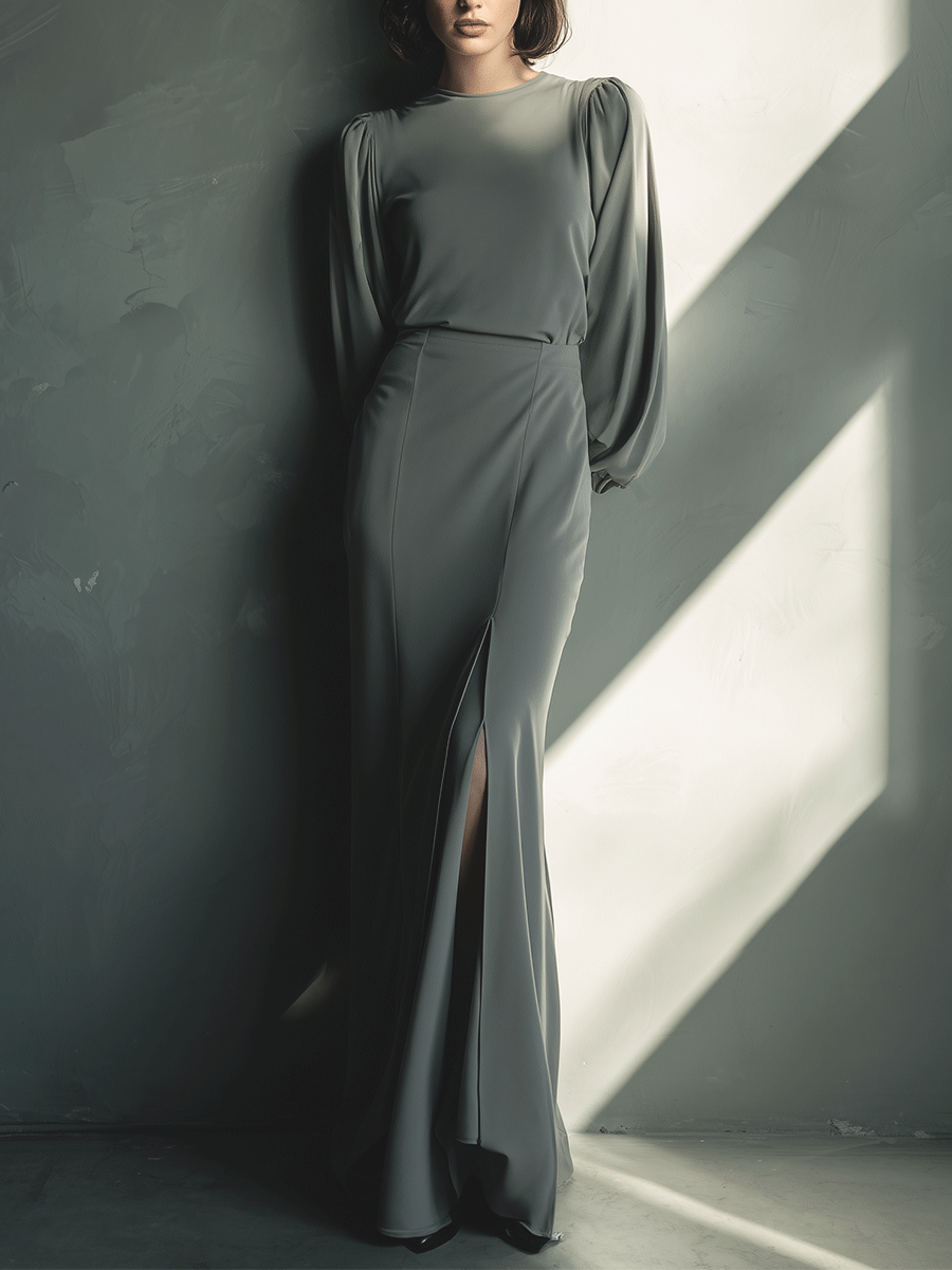 Women's Gray Slit Simple High-End Blended Maxi Dress MDA0279H5I