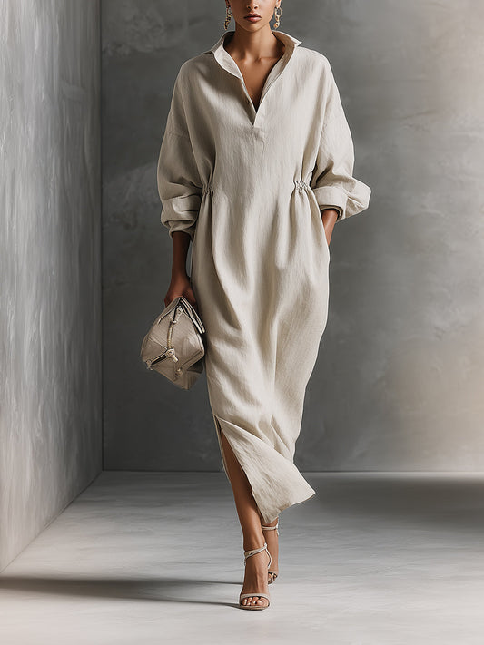 Women's Beige Relaxed Linen Drawstring - Detail Maxi Dress MDA1121H0I