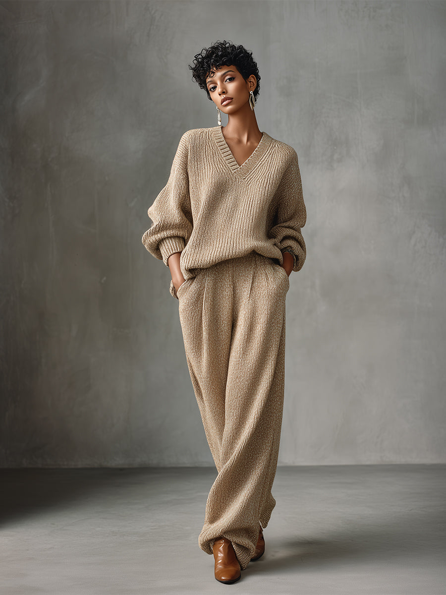Women's Beige Elegant Knit V - Neck Sweater & Wide - Leg Pants Set MDA1485H8I
