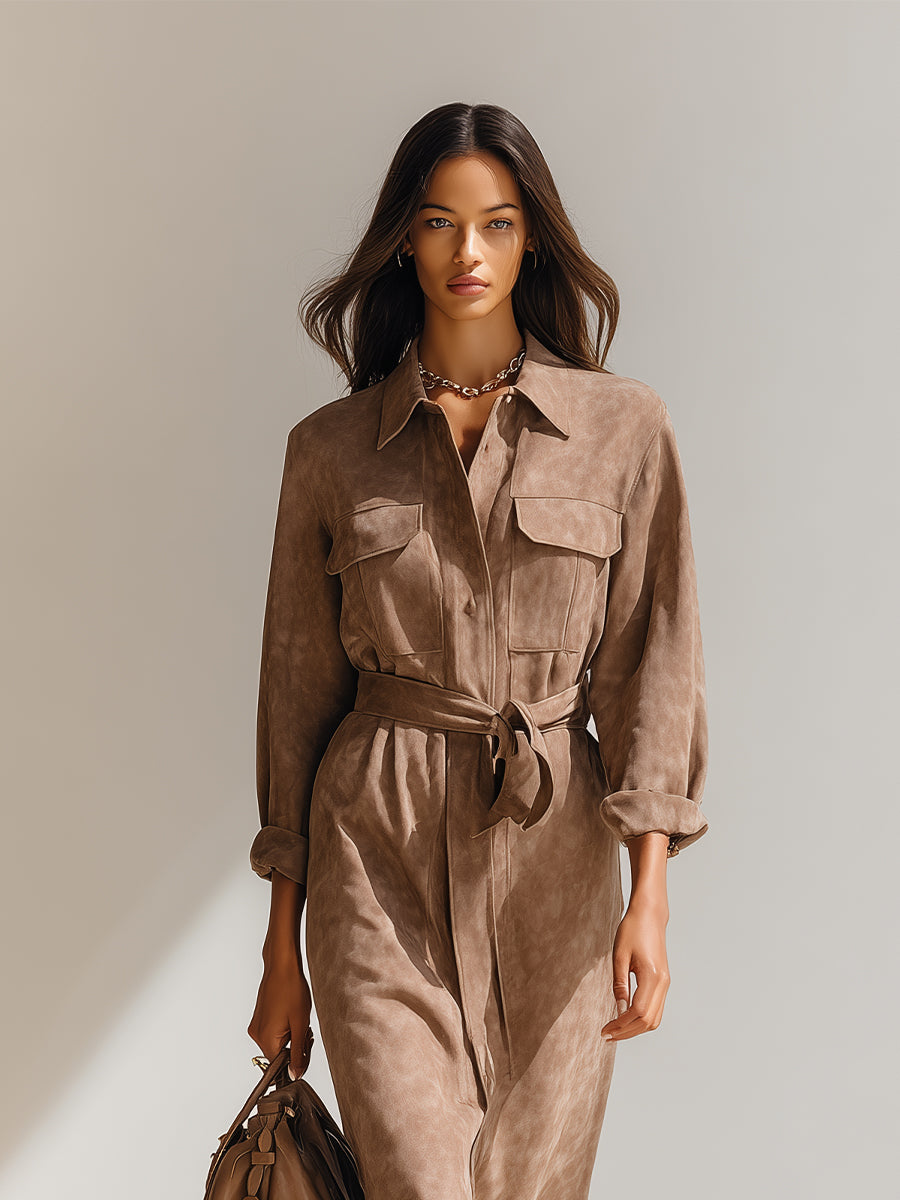 Women's Taupe Elegant Suede Belted Pocket - Detailed Shirt Midi Dress MDA2216H4I