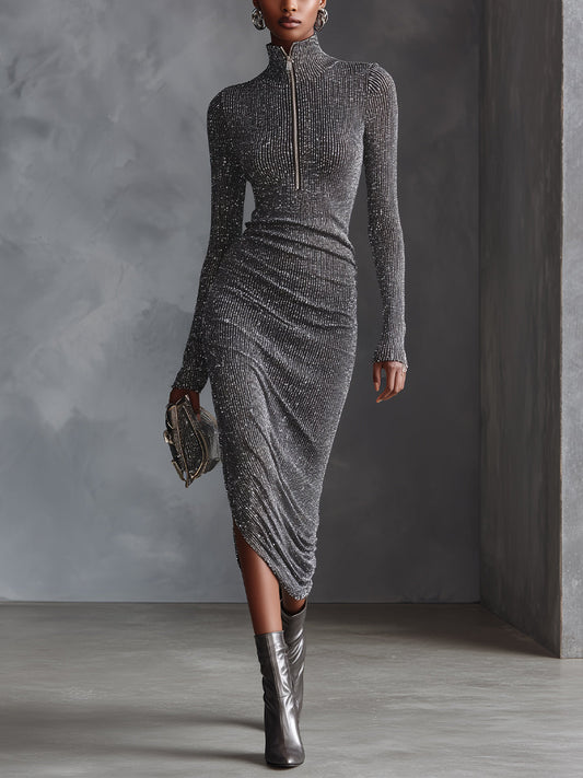 Women's Silver Glamorous Lurex - Knit Zip - Front Ruched Midi Dress MDA1462H7I