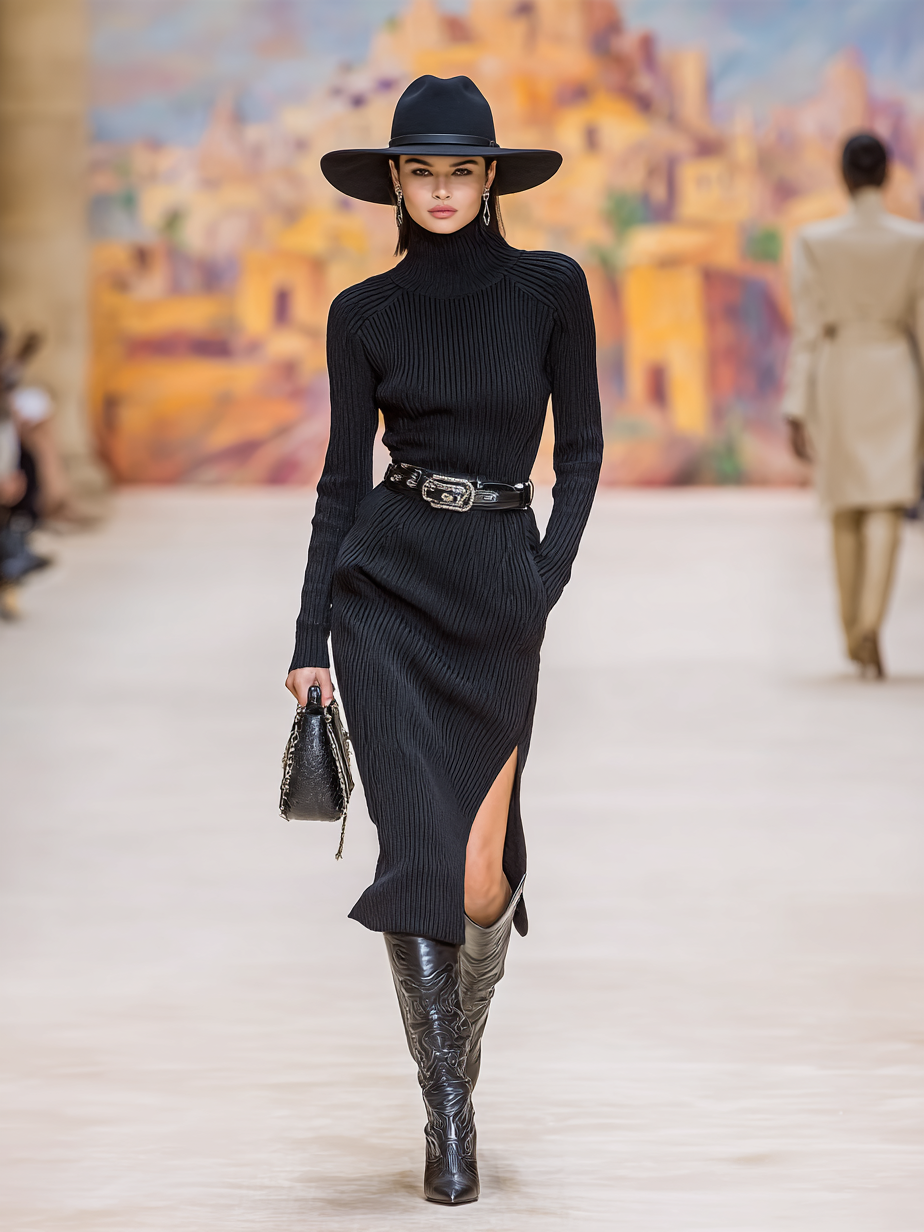 Women's Fashion High Neck Slit Hem Long Sleeve Knitted Midi Dress (Belt Not Included) MDA1334H8Y