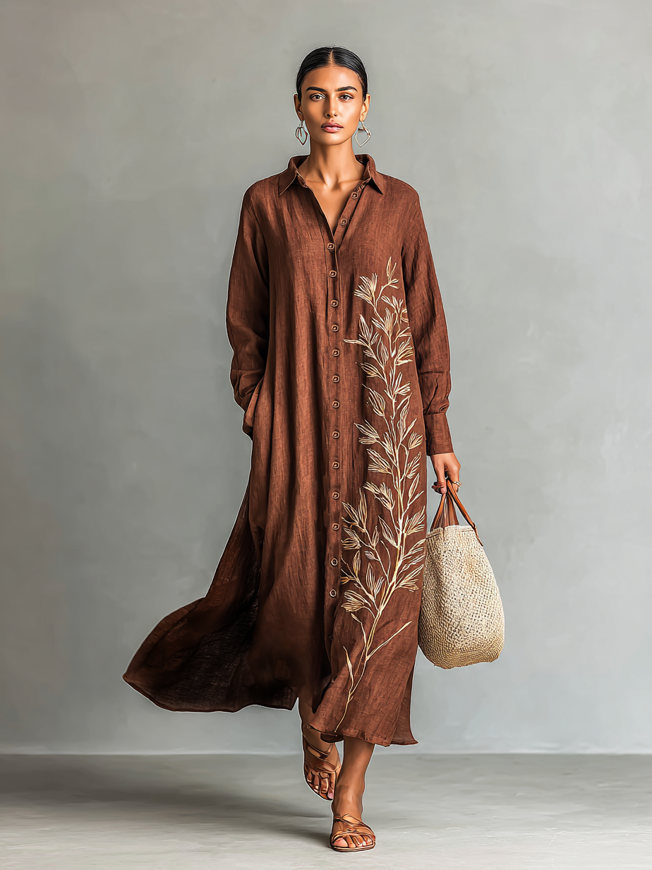 Women's Cotton And Linen Blend Leaf Embroidered Long-sleeved Shirt Maxi Dress MDA1525H1Y