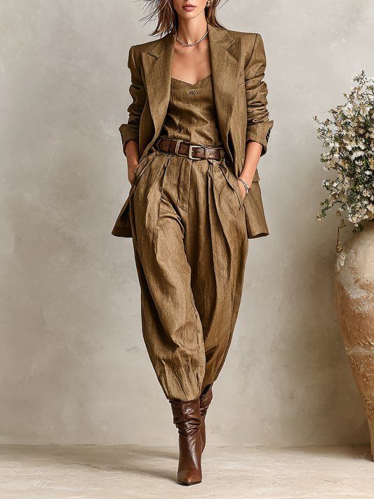 Women's Cotton-Linen Blend Double-Breasted Blazer Trousers Set MDA1250H5Y
